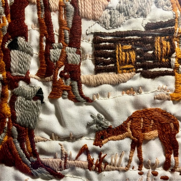 Crewel Embroidery Rustic Cabin Winter Scene Wall Art - Picture 2 of 7